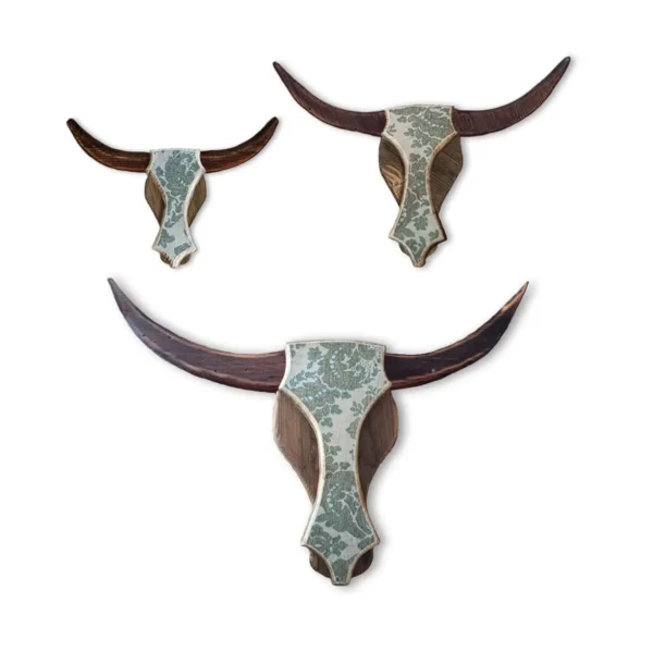 Antique Damask Wooden Bull Heads (Set of 3)