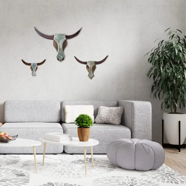 Antique Damask Wooden Bull Heads (Set of 3)