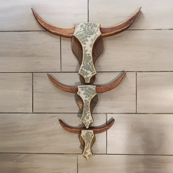 Antique Damask Wooden Bull Heads (Set of 3)